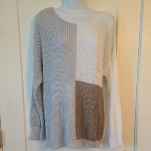 Chic Colorblock Sweater - Gray, White, and Brown